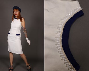 1960's FAMOSELLA MODELL White and Blue Beaded Linen Dress - Size S