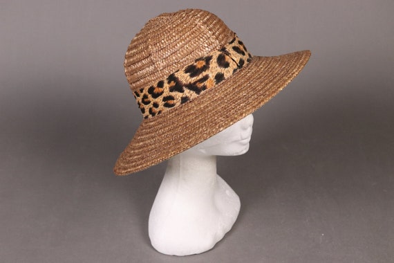 vintage Brown Straw Hat with Leopard Band - 80's … - image 1