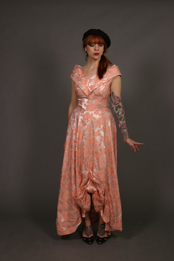 1940's Peach Floral Evening Dress -40's Jacquard … - image 7