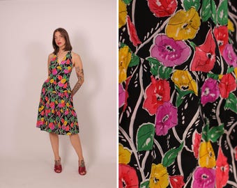 1970s Floral Halter Summer Dress - Size M