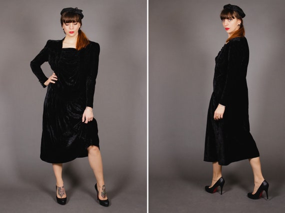 1940's Black Silk Velvet Evening Dress - 40's Even