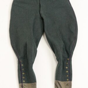 May include: A pair of dark green riding breeches with purple trim and button closures on the legs.