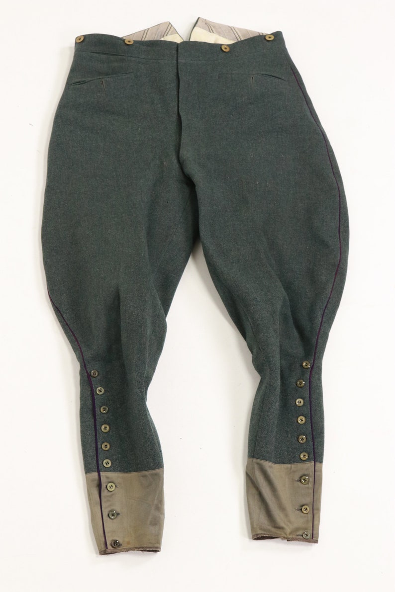May include: A pair of dark green riding breeches with purple trim and button closures on the legs.