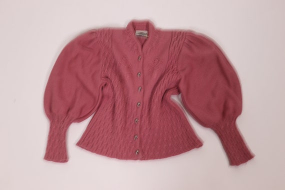 Pale Pink Wool Knit Mutton Sleeve Cardigan - Size