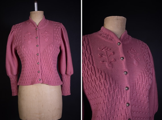 Pale Pink Wool Knit Mutton Sleeve Cardigan - Size