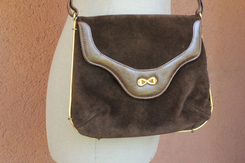 metal triming 1960/'s Brown Suede leather bag