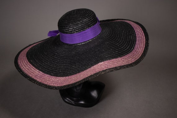 1950's Giant Black and Purple Straw Hat