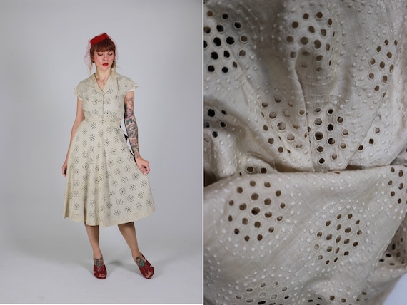 1940s Raw Silk Cream Dress - Size Xs - image 1