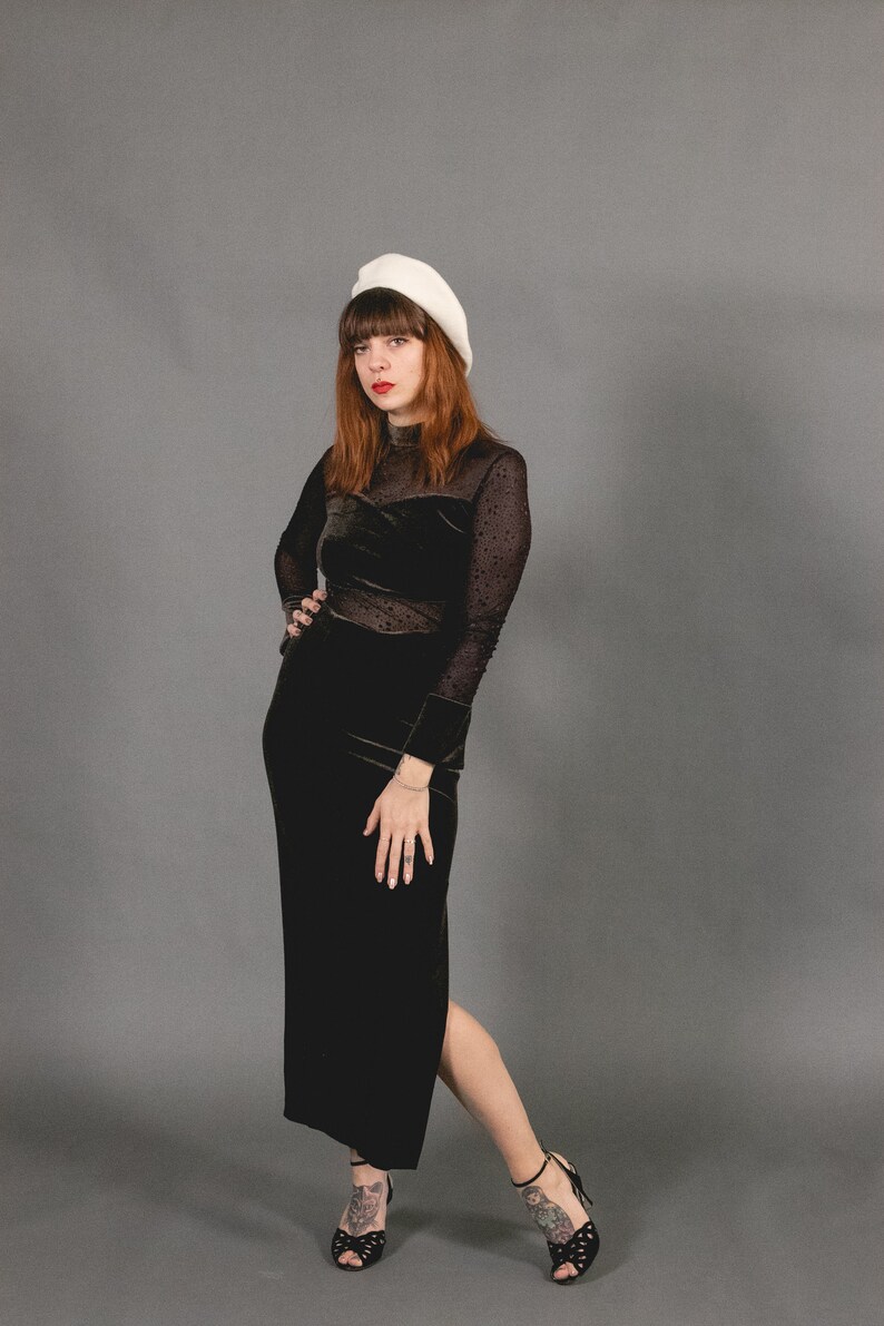 1970's Brown Maxi Velvet Dress - 70's Asian Cut Out Velvet and Mesh Dress - Size S image 7