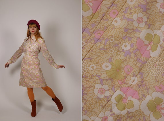 1970's Floral Psychedelic Dagger Collar Dress - Si