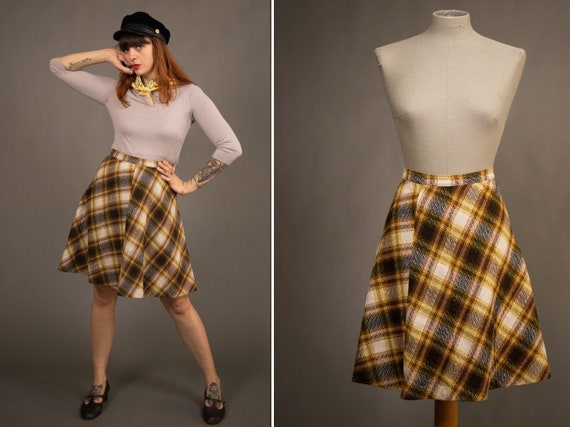 1970's Plaid Tweed Wool Skirt - 70's A-Line Wool M