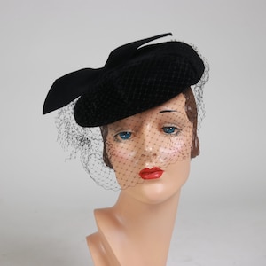 1950s Black Velvet Bircage Hat - 50s Church Hat