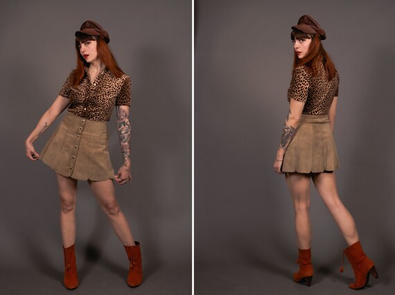 1960's High Waisted mini Leather Skirt - 60s Tan S