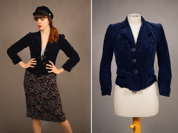 1940's Dark Blue Corduroy and Silk Jacket - 40's