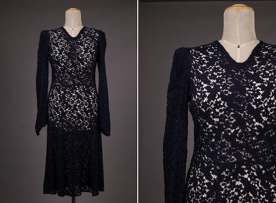 1940's Blue Cotton Lace Dress - 40's Navy Blue She