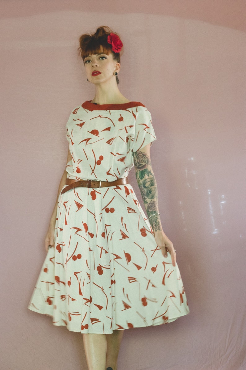 15/% 1950/'s Style Novelty Linen Dress 80/'s Swiss Linen Dress Size M to L ON SALE