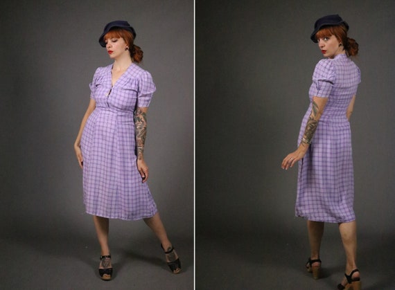 1930's Mauve Checked Cotton Day Dress - 30's Purpl