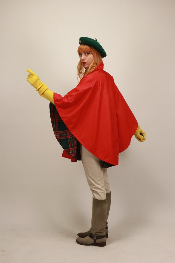 1960's Red and Tartan Cape - 60's Wool and Cotton… - image 3