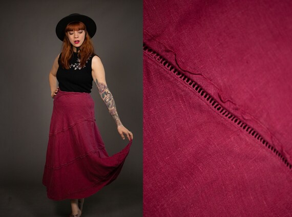 1970's LAURA ASHLEY Raspberry Linen Skirt - Size S