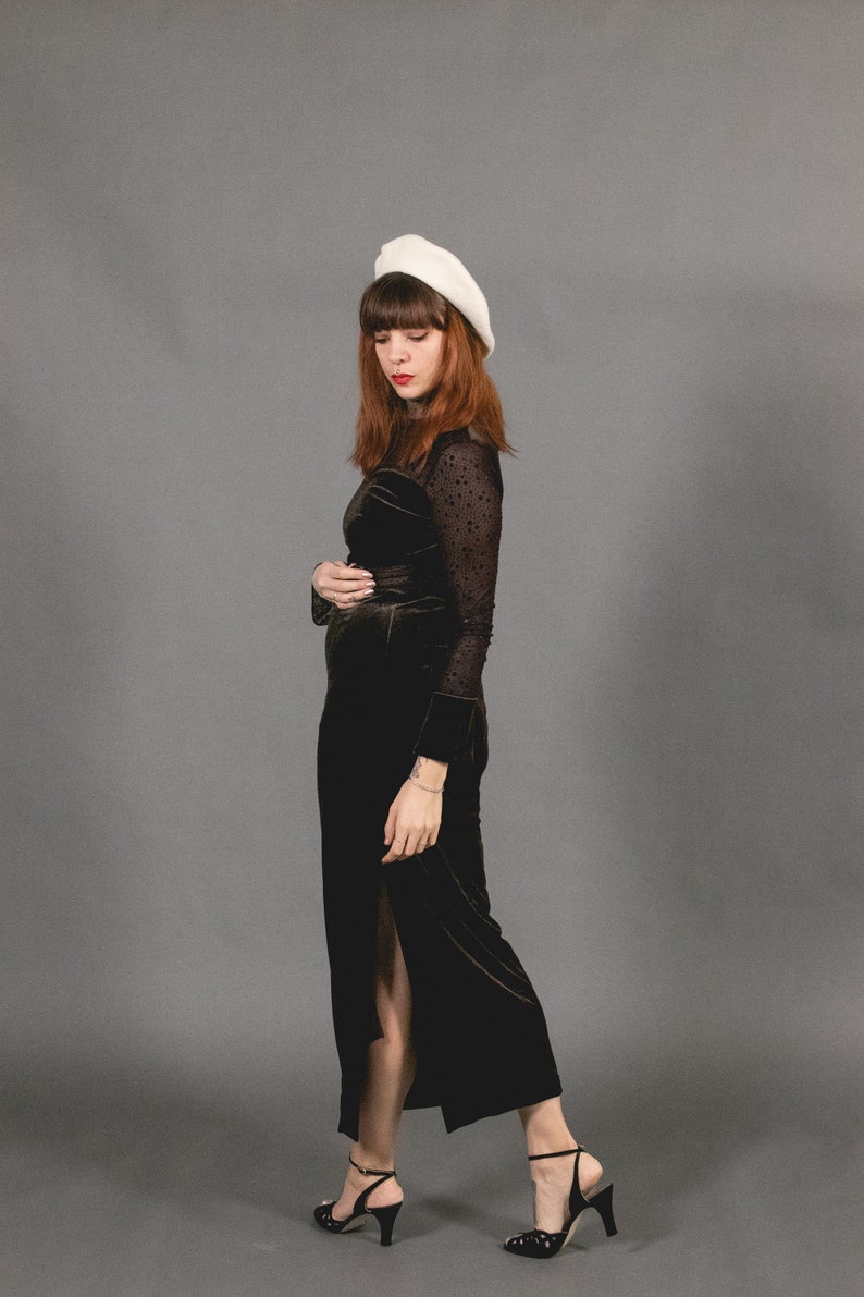 1970's Brown Maxi Velvet Dress - 70's Asian Cut Out Velvet and Mesh Dress - Size S image 6