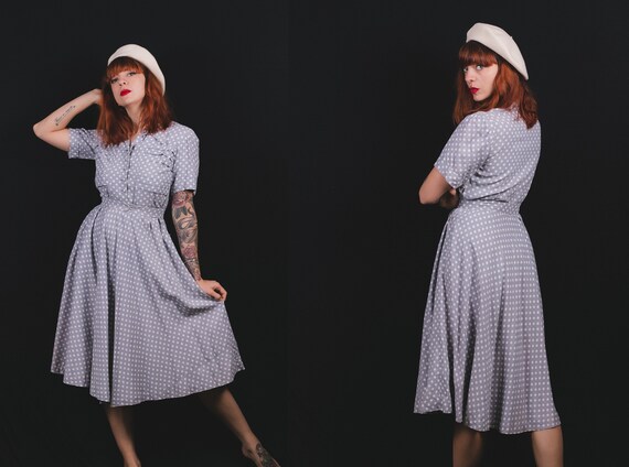 1940's Polka Dot Light Blue Day Dress - 40's Below