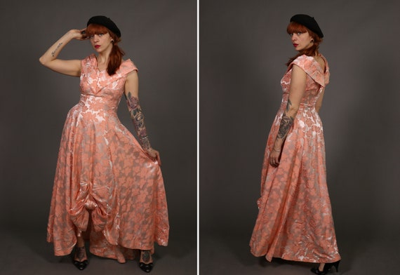 1940's Peach Floral Evening Dress -40's Jacquard … - image 10