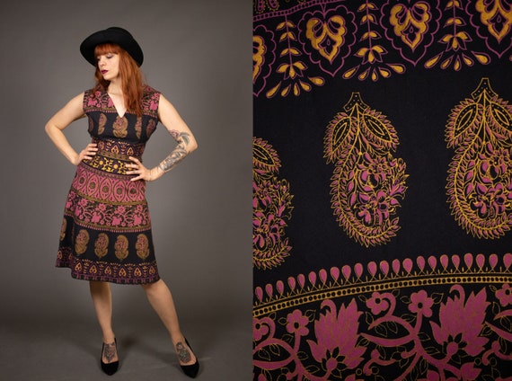 Late 1950's Hand Printed Batik Cotton Dress - Size