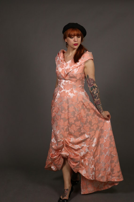 1940's Peach Floral Evening Dress -40's Jacquard … - image 2