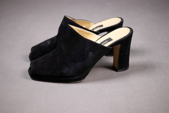 1990's Sergio Rossi Black Suede Leather Mules - Si