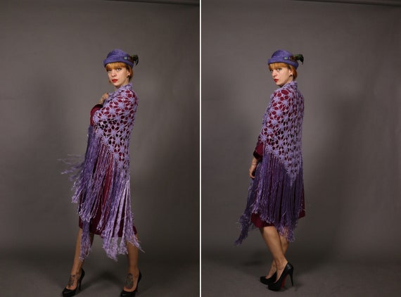 1930's Purple Wool Crochet Shawl - 30's Triangle S