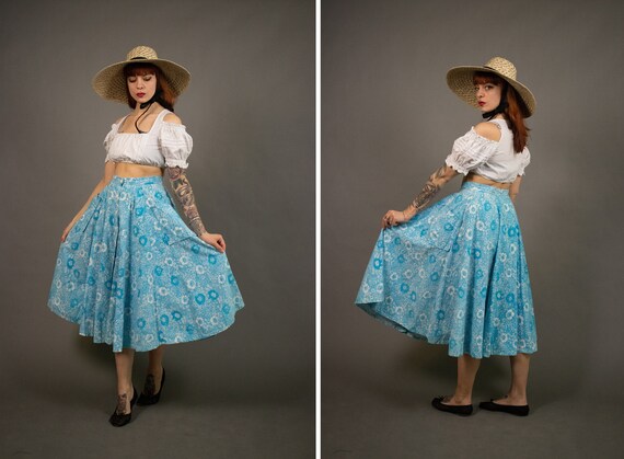 1980's LAURA ASHLEY Blue Floral Full Skirt - Size