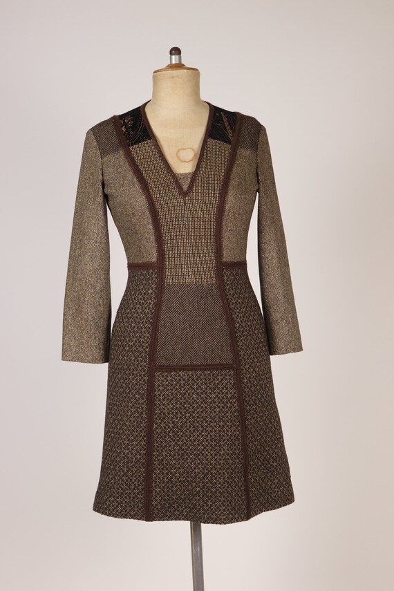 Vintage ETRO Brown Wool Patchwork Dress - Size S - image 5