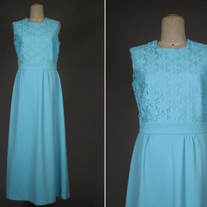1960&#39;s Turquoise Blue Long Lace Floral Gown-  60&#39;s Maxi Evening Dress - Size S
