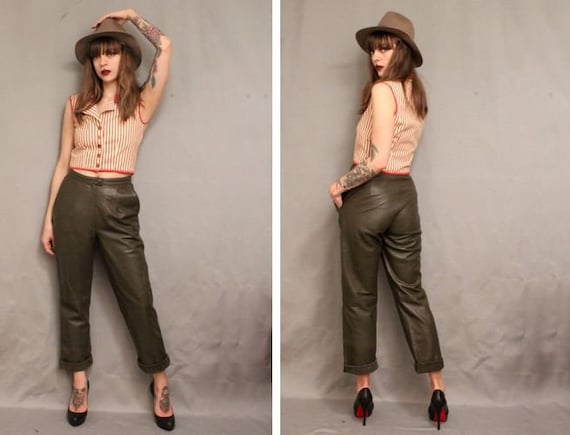 1980's Khaki Leather Trousers - 80's Green Leather