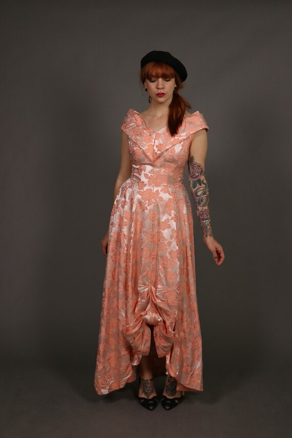 1940's Peach Floral Evening Dress -40's Jacquard … - image 6