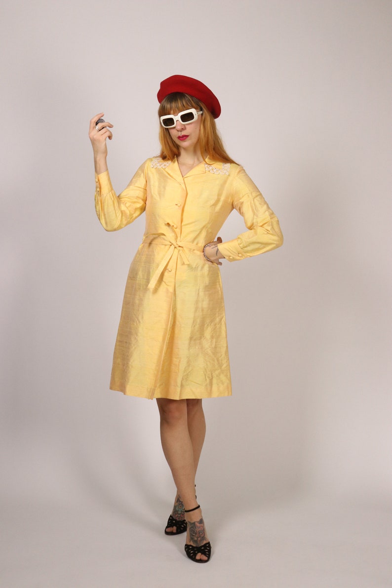 1960's Yellow Raw Silk ress 60's Silk Dress Size S image 3