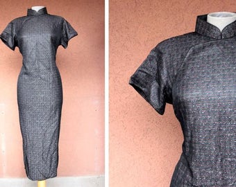 1970's Unusual Cheongsam Metallic Threads Black Dress - Size M/L #617