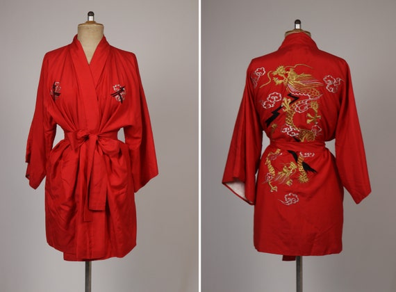 1970's Red Silk Dragon Embroidered Kimono - 70s Ja