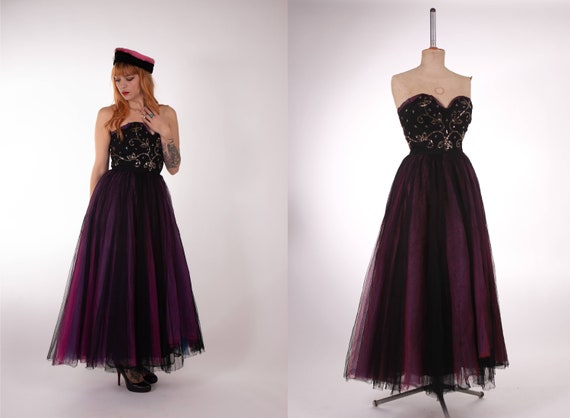 1940s Evening Embroidered Tulle Bustier Dress - 4… - image 1