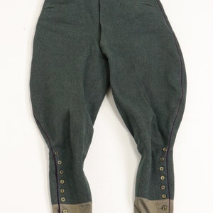 May include: A pair of dark green riding breeches with brown leather buttons and a purple trim. The breeches have a brown fabric lining at the bottom.