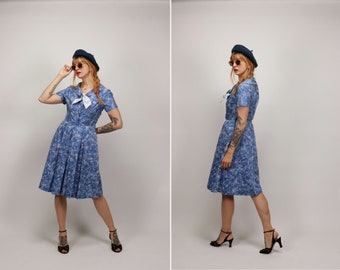 1950s Blue Cotton Dress - Size S
