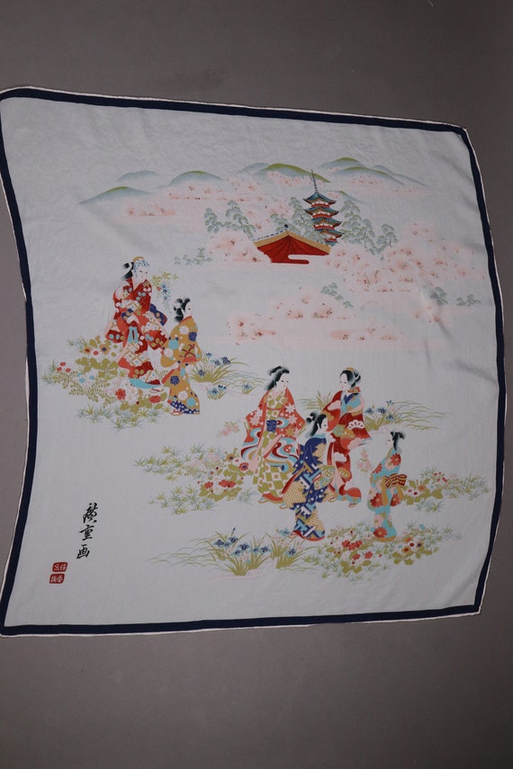 1940's Japanese Scene Crepe Silk Scarf - Geisha pa