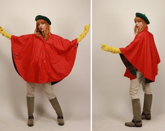 1960s Red Cape - Vintage Wool Tartan Lined Cape, Floral Embroidered
