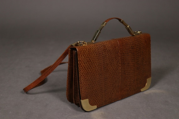 1960's -1970's Brown Lizard Bag - 60's Top Handle… - image 2