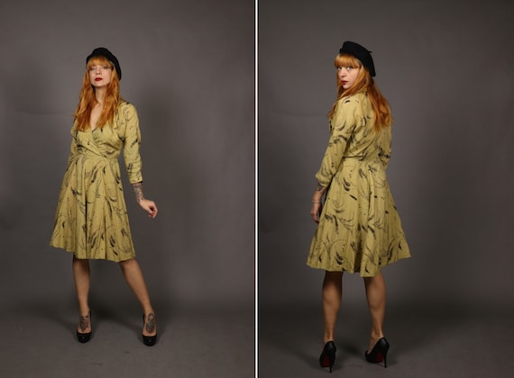 1940's Black and Yellow Rayon Dress - Size S