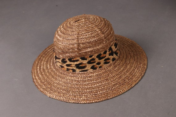 vintage Brown Straw Hat with Leopard Band - 80's … - image 2