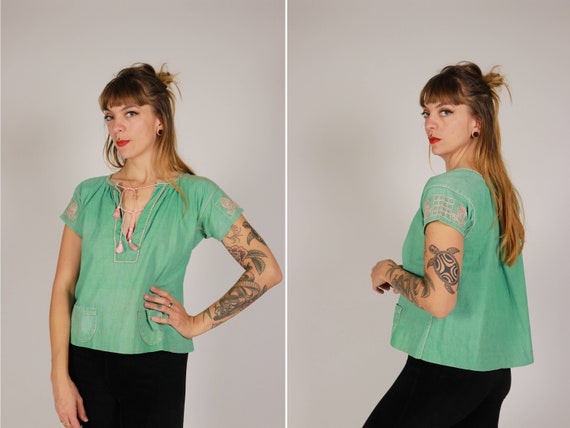 1930s Anis Green Linen Blouse - Size Xs - S - image 1