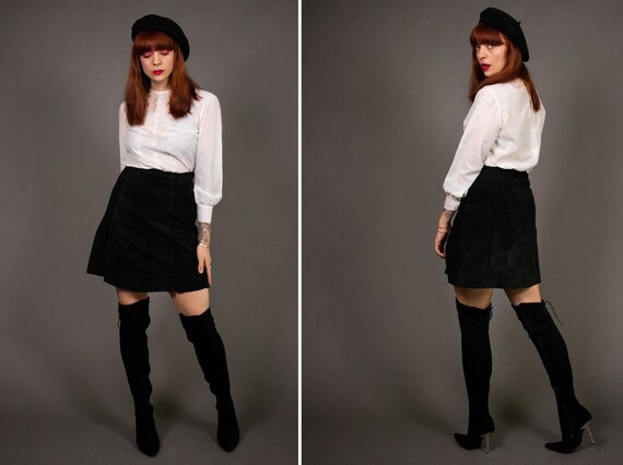 1970's Black Suede Leather Skirt - 70's Midi suede