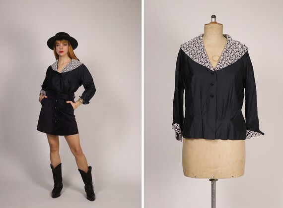 1930's MARKOFF Black and White Lace Blouse- Size M