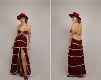 1970s Red Velvet maxi Party Dress - Size M